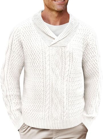 Runcati Mens Shawl Collar Pullover Sweater Casual Cable Knit Long Sleeve Loose Fit Sweaters in Saudi Arabia