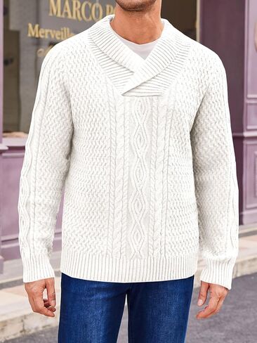 Runcati Mens Shawl Collar Pullover Sweater Casual Cable Knit Long Sleeve Loose Fit Sweaters in Saudi Arabia