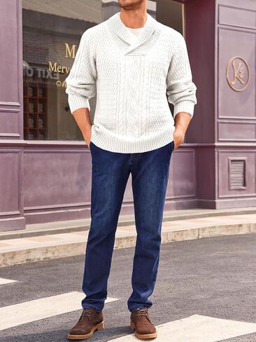 Runcati Mens Shawl Collar Pullover Sweater Casual Cable Knit Long Sleeve Loose Fit Sweaters in Saudi Arabia