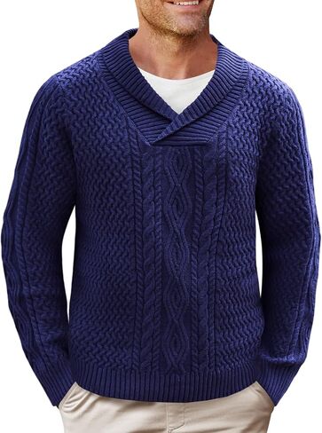 Runcati Mens Shawl Collar Pullover Sweater Casual Cable Knit Long Sleeve Loose Fit Sweaters in Saudi Arabia