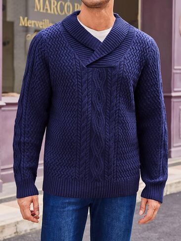 Runcati Mens Shawl Collar Pullover Sweater Casual Cable Knit Long Sleeve Loose Fit Sweaters in Saudi Arabia