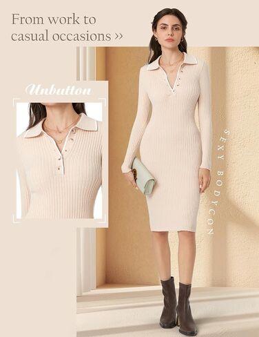 DRESSTELLS Sweater Dress for Women 2024 Long Sleeve V Neck Button Fall Stretchy Ribbed Knit Pullover Dress in Saudi Arabia
