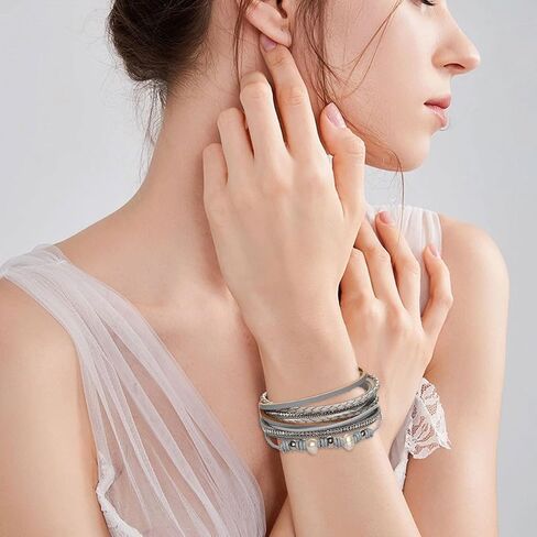 Leather Wrap Bracelet for Women Trendy Double Wrap Layered Wristband Jewelry for Ladies and Mother Christmas in Saudi Arabia