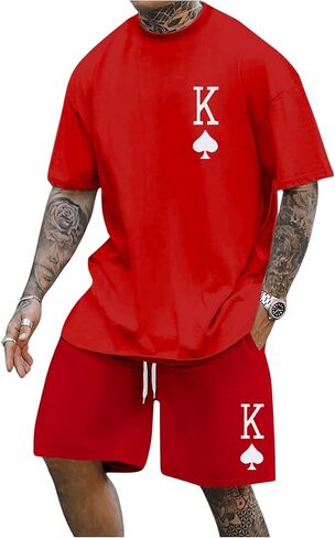 Men's Plus Size 2 Piece Outfits Letter Graphic Short Sleeve Drop Shoulder Tee Top and Shorts Set in Saudi Arabia