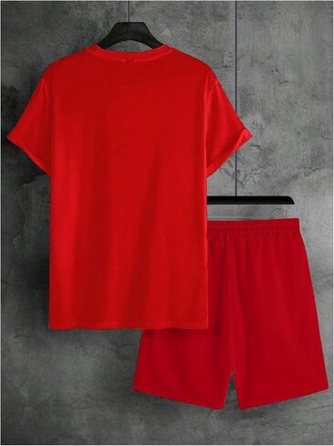 Men's Plus Size 2 Piece Outfits Letter Graphic Short Sleeve Drop Shoulder Tee Top and Shorts Set in Saudi Arabia