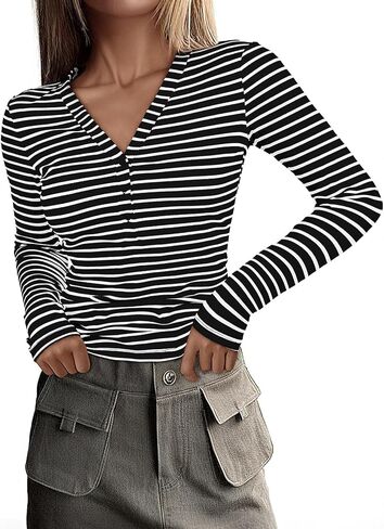 Acelitt Womens Fall Tops Casual Long Sleeve Striped Color Block Ribbed Knit Button Down V Neck Shirts Slim Fitted Henley Tops in Saudi Arabia