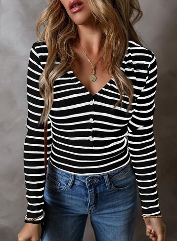 Acelitt Womens Fall Tops Casual Long Sleeve Striped Color Block Ribbed Knit Button Down V Neck Shirts Slim Fitted Henley Tops in Saudi Arabia