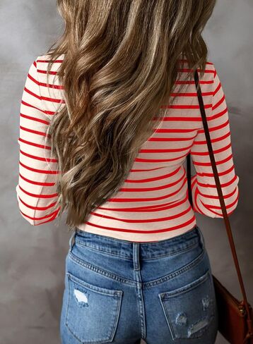 Acelitt Womens Fall Tops Casual Long Sleeve Striped Color Block Ribbed Knit Button Down V Neck Shirts Slim Fitted Henley Tops in Saudi Arabia