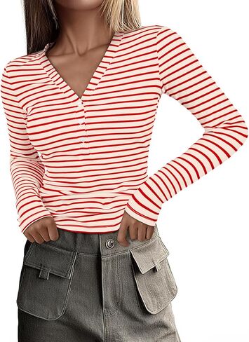 Acelitt Womens Fall Tops Casual Long Sleeve Striped Color Block Ribbed Knit Button Down V Neck Shirts Slim Fitted Henley Tops in Saudi Arabia