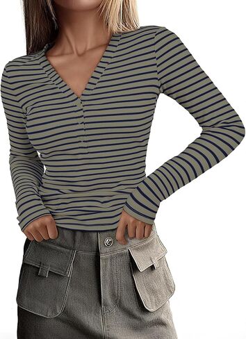 Acelitt Womens Fall Tops Casual Long Sleeve Striped Color Block Ribbed Knit Button Down V Neck Shirts Slim Fitted Henley Tops in Saudi Arabia