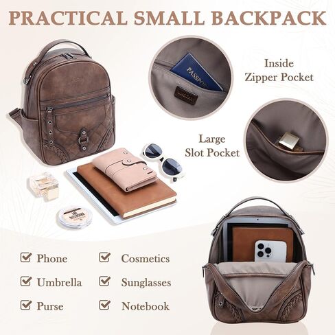 VASCHY Small Backpack Purse for Women, Cute Vegen Leather Mini Backpack for Lady with Guitar Shoulder Bag Handbag Strap Coffee in Kuwait