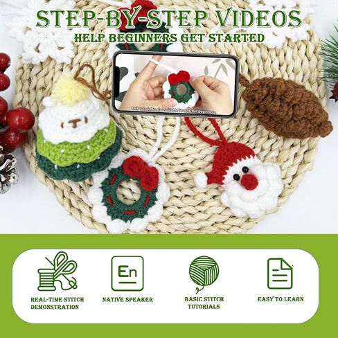 jejucy Crochet Kit for Beginners, Christmas Crochet Kit for Adults Kids, 5 Pack Crochet Knitting Starter Kits Christmas Ornaments Crochet Kit with Step-by-Step Video Tutorials & Instruction in Saudi Arabia