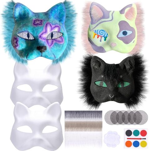 مجموعة أقنعة تيريان 21 قطعة من بابوري مع فراء شبكي للعين، أقنعة قطط ثيريان ذاتية الصنع للطلاء، زي قناع الثعلب الفارغ لقناع الوجه للهالوين والحفلات التنكرية in Kuwait