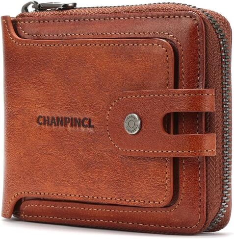 Men's brand buckle driver's license zipper genuine leather wallet, large capacity, multifunctional coin pocket (Yellowish brown) in Saudi Arabia