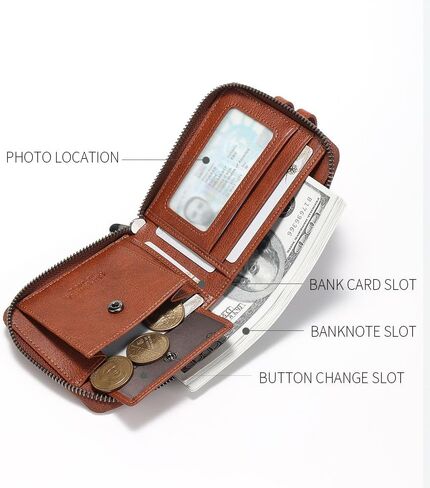 Men's brand buckle driver's license zipper genuine leather wallet, large capacity, multifunctional coin pocket (Yellowish brown) in Saudi Arabia
