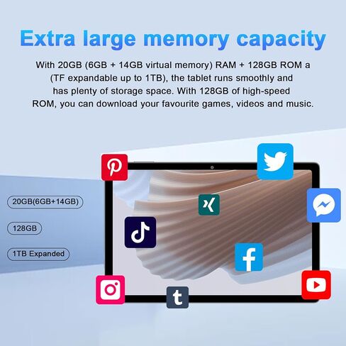 تابلت 10.1 بوصة يعمل بنظام Android 14 مع ثماني النواة، شاشة لمس عالية الدقة 1280x800 IPS HD، ذاكرة وصول عشوائي 20 جيجابايت، 128 جيجابايت ذاكرة تخزين داخلية 1 تيرابايت، أجهزة لوحية قابلة للتوسيع مع حافظة ماوس لوحة المفاتيح، فتح الوجه، 2.4 جيجا/5 جيجا واي ف in Kuwait