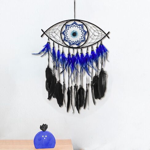 MrMrMrKura Evil Eye Dream Catcher ديكور جدار للمنزل، مصنوع يدويًا صائد الأحلام الأزرق للفتيات والفتيان والمراهقين، هدايا حرفية للتعليق على الحائط من Macrame (أسود) in Saudi Arabia