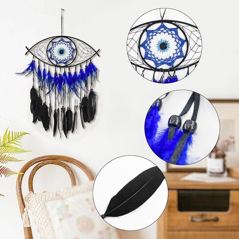 MrMrMrKura Evil Eye Dream Catcher ديكور جدار للمنزل، مصنوع يدويًا صائد الأحلام الأزرق للفتيات والفتيان والمراهقين، هدايا حرفية للتعليق على الحائط من Macrame (أسود) in Saudi Arabia
