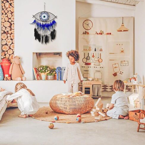 MrMrMrKura Evil Eye Dream Catcher ديكور جدار للمنزل، مصنوع يدويًا صائد الأحلام الأزرق للفتيات والفتيان والمراهقين، هدايا حرفية للتعليق على الحائط من Macrame (أسود) in Saudi Arabia