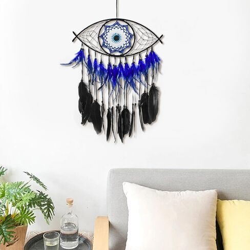 MrMrMrKura Evil Eye Dream Catcher ديكور جدار للمنزل، مصنوع يدويًا صائد الأحلام الأزرق للفتيات والفتيان والمراهقين، هدايا حرفية للتعليق على الحائط من Macrame (أسود) in Saudi Arabia