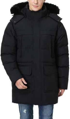 Pooluly Men's Winter Coat with Detachable Hood Heavyweight Long Down Jacket Warm Puffer Parka Jacket in Kuwait