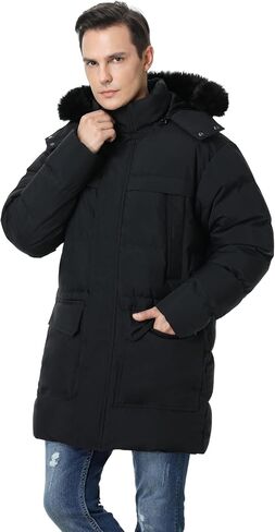 Pooluly Men's Winter Coat with Detachable Hood Heavyweight Long Down Jacket Warm Puffer Parka Jacket in Kuwait