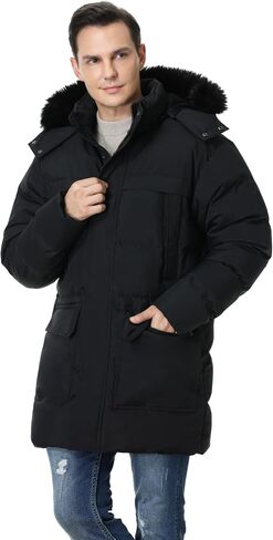 Pooluly Men's Winter Coat with Detachable Hood Heavyweight Long Down Jacket Warm Puffer Parka Jacket in Kuwait