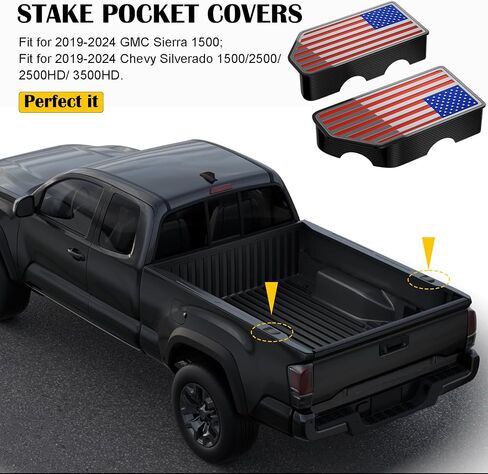 American Flag Stake Pocket Covers for 2019-2024 Chevy Silverado/GMC Sierra 1500, 2020-2024 GMC Sierra 2500/3500HD, Truck Bed Rail Caps Covers Rear Caps Bed Rail Holes Covers,(Black, 2-Pack) in Saudi Arabia