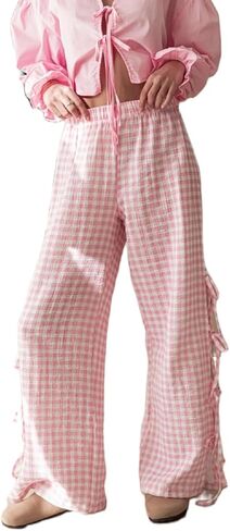 سروال نسائي من القماش القطني بخصر مطاطي وفضفاضة وسروال جانبي جميل وربطة عنق مفرغة من Pj قيعان in Kuwait