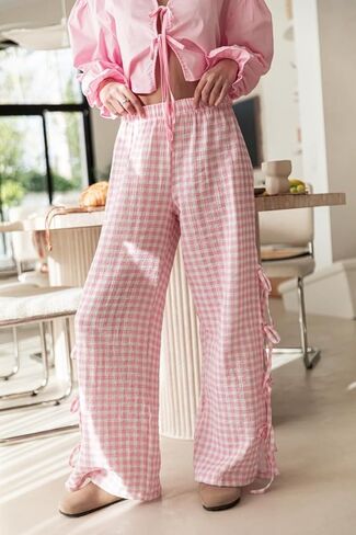 سروال نسائي من القماش القطني بخصر مطاطي وفضفاضة وسروال جانبي جميل وربطة عنق مفرغة من Pj قيعان in Kuwait