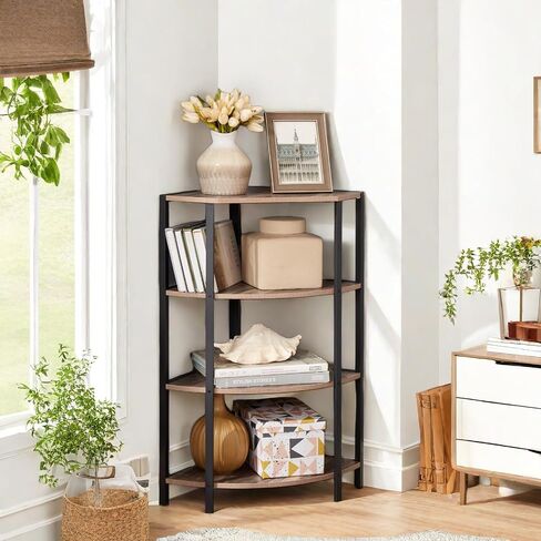 Corner Shelf,4-Tier Ladder Bookshelf 59'' H & 90 Degree Wall Design,Sector Decorative Shelf with Open Design Fence& Strong Metal Frame for Living Room,Kitchen,Black&Brown in Saudi Arabia