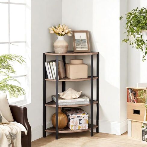 Corner Shelf,4-Tier Ladder Bookshelf 59'' H & 90 Degree Wall Design,Sector Decorative Shelf with Open Design Fence& Strong Metal Frame for Living Room,Kitchen,Black&Brown in Saudi Arabia