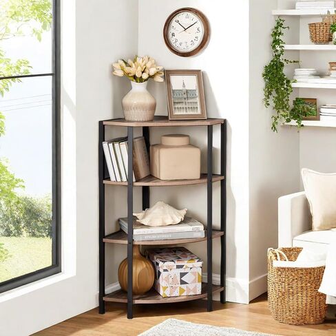 Corner Shelf,4-Tier Ladder Bookshelf 59'' H & 90 Degree Wall Design,Sector Decorative Shelf with Open Design Fence& Strong Metal Frame for Living Room,Kitchen,Black&Brown in Saudi Arabia