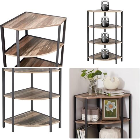 Corner Shelf,4-Tier Ladder Bookshelf 59'' H & 90 Degree Wall Design,Sector Decorative Shelf with Open Design Fence& Strong Metal Frame for Living Room,Kitchen,Black&Brown in Saudi Arabia