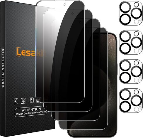 4+4 Pack Privacy Screen Protector for iPhone 15 Plus 6.7-Inch with 4 Pack Camera Lens Protector, Anti Spy Tempered Glass Film 9H Hardness Case Friendly in Saudi Arabia
