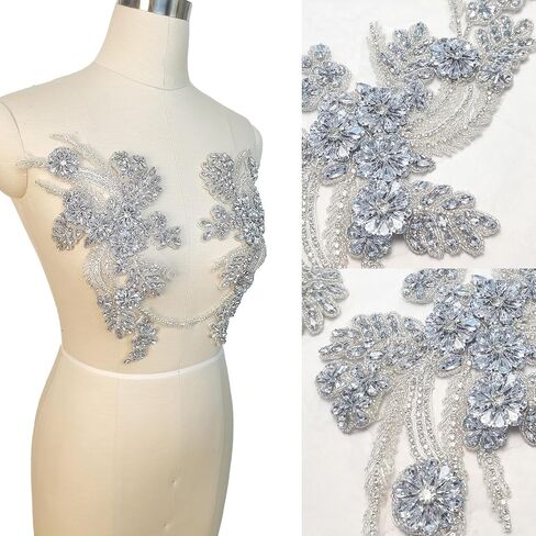 Handmade Rhinestone lace DIY Applique Beaded Crystal Patches Trim Patches for Dress Clothes Accessories(S4-Silver) in Saudi Arabia