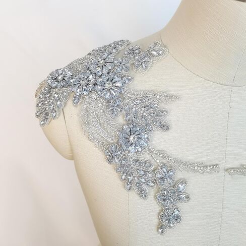 Handmade Rhinestone lace DIY Applique Beaded Crystal Patches Trim Patches for Dress Clothes Accessories(S4-Silver) in Saudi Arabia