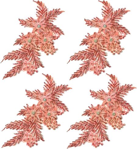 4 Pack 3D Flower Sequin Applique with Rhinestone Glitter Beaded Floral Embroidered Patch Fabric Lace Trim for Wedding Bridal Dress Gown Bag Pillow Ornaments (Orange) in Saudi Arabia