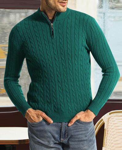 Surenow Men's Quarter-Zip Sweater Cable Knit Crew Neck Pullover Sweater Slim Fit Soft Thicken Casual Polo Sweaters for Men in Kuwait