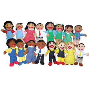 Constructive Playthings Set of 4 Full Bodied Open Mouth Family Puppets with 15" H. Mothers & Fathers and 13" H. Sisters & Brothers All with Yarn Hair and Embroidered Facial Features for Ages 19 Mos +