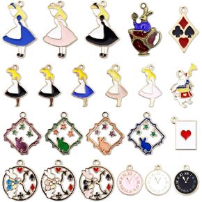 JIALEEY 19PCS Assorted Gold Plated Enamel Alice in Wonderland Wreath Charm Pendant DIY for Necklace Bracelet Jewelry Making and Crafting