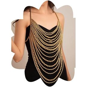 Xerling Faux Pearls Tassel Bra Body Chain Multi-layered Backless Chest Chain Fringe Halter Top Body Jewelry Bikini Body Accessories for Women Girls Party (Gold)