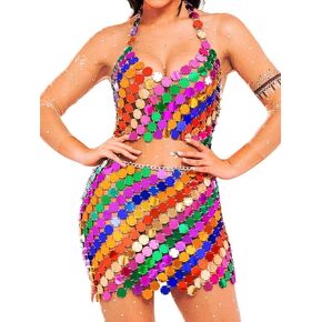 BODIY Rainbow Dot Sequins Chainmail Skirt Sequence Bikini Halter Crop Top Rave Sparkly Wrap Skirts for Women