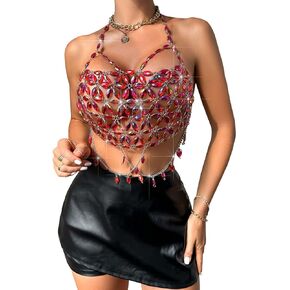 Sparkly Colorful Rhinestone Chest Chain Bra Crystal Halter Crop Top Shirt Bikini Underwear Party Rave Body Jewelry for Women