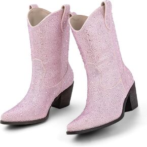 Rhinestone Cowboy Boots for Women Pointed Toe Sparkly Cowboy Boots Mid Calf Block Heel Sparkly Cowgirl Boots