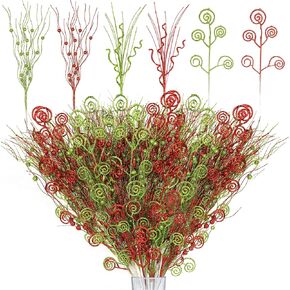 48PCS Christmas Tree Picks Decorations, 17" 12" Red Green Artificial Glitter Curly Berry Stems Fake Candy Picks Ornaments Branches for Christmas Tree Topper Home Wreath Crafts Vase Filler Decor