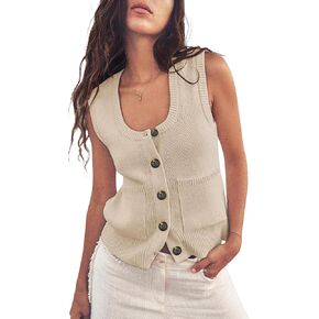 Moss Rose Women's Vests Sleeveless Button Down Knitted Tank Tops Casual Y2K Sweater Top Blouse with Pockets