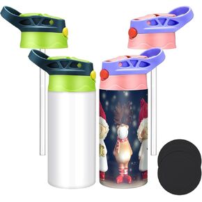 2 Pack Kids Sublimation Tumbler, 12oz Sublimation Sippy Cup Blank Stainless Steel Sublimation Blank Tumbler,Double Wall Insulated Kids Tumbler with 2 PCS Replacement Straw Lid&Rubber Bottoms