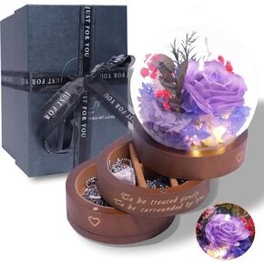 Preserved Flowers Decor with 2-Layer Wooden Jewelry Organizers,Eternal Rose Flower Jewelry Box,Gift for Woman,Mom,Girlfriend on Birthday,Christmas,Valentine’s Day,Anniversary,Home Decor Gifts（Purple）