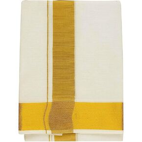 Kolakeer™ Men's Cotton Dhoti with Elegant Kasavu Zari Border - 1.8 Mtrs/4 Mulam/Single Layer South Indian Veshti Mundu (100K Gold Zari, Cream)
